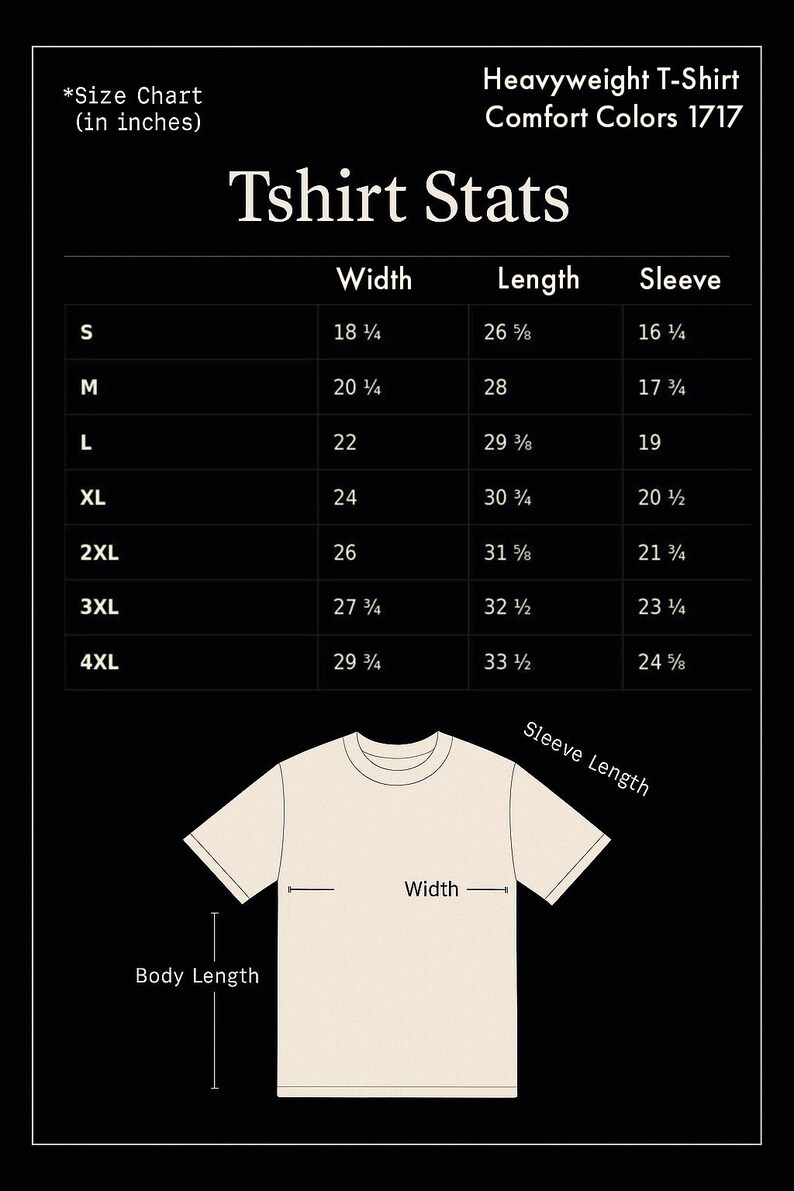 May include: Cream-colored heavyweight T-shirt with size chart. The chart displays measurements for width, length, and sleeve length in inches for sizes S through 4XL. The text "Tshirt Stats" is above the chart.