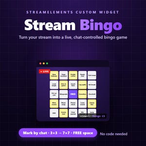 May include: A StreamElements custom widget for a Stream Bingo game featuring a 5x5 grid of interactive squares with text prompts like New follower, Rage moment, and Drinks coffee. The interface includes a live indicator and chat command viewer: !bingo C3.