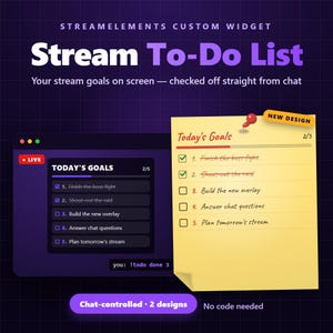 Pode incluir: Um widget personalizado StreamElements para uma lista de tarefas de streaming. O gráfico mostra uma interface escura com uma lista de cinco objetivos e um post-it amarelo exibindo a mesma lista com dois itens marcados. Texto: Stream To-Do List.