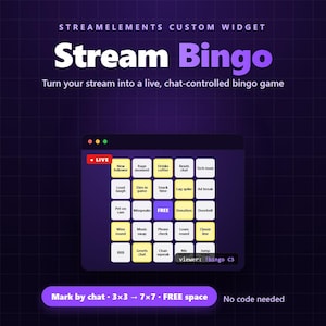 Può includere: Un widget personalizzato StreamElements per un gioco di Stream Bingo con una griglia 5x5 di riquadri interattivi con testi come New follower, Rage moment e Drinks coffee. L'interfaccia include un indicatore live e il comando chat: !bingo C3.