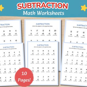 May include: A set of subtraction math worksheets featuring multiple pages with printed equations. Each white page has a blue border and the text SUBTRACTION at the top. A red circular badge with the text 10 Pages! is overlaid on the front.