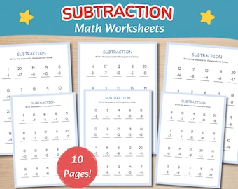 Subtraction Worksheets 1-20 | Math Practice Printable | Fill in the blanks worksheet for Kindergarten, 1st & 2nd Grade | Math Activities