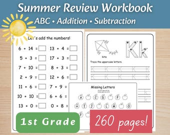1st Grade Summer Review Workbook | Summer Worksheets Bundle | 260 Printable Pages | Math and Literacy Activities | Summer Learning Packet