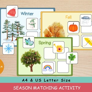 Könnte beinhalten: Lehrreiche Saison-Zuordnungsaktivität mit farbenfrohen Illustrationen von Winter, Herbst und Frühling. Enthält Bilder von einer Schneeflocke, einem Schneemann, einem Kürbis und einem Regenbogen. Der Text lautet "A4 & US Letter Size" und "Season Matching Activity".