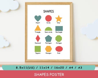 Kids Shapes Poster, Preschool Learning Poster, Montessori Shapes Print, Classroom Wall Art, Toddler Educational Decor