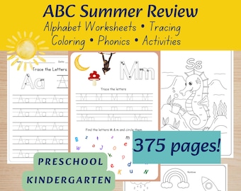 Summer Review Alphabet Worksheets | Letter of the Week Bundle | Preschool Kindergarten | ABC Tracing Phonics Activities Printable