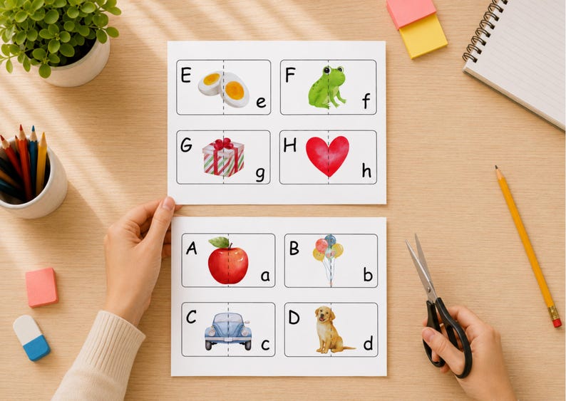 May include: Two white sheets of paper featuring educational alphabet matching cards with uppercase and lowercase letters paired with illustrations of an egg, frog, gift, heart, apple, balloons, car, and dog, each divided by a dashed cutting line.