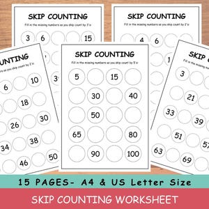 May include: A collection of white skip counting worksheets with fill-in-the-blank number sequences. The worksheets are designed for educational purposes, with the title "SKIP COUNTING" at the top. The worksheets are available in A4 and US Letter sizes.