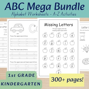 May include: A collection of alphabet worksheets for kindergarten and 1st grade. The "ABC Mega Bundle" includes tracing letters, matching uppercase and lowercase letters, and missing letter activities. The worksheets are black and white and feature illustrations of objects.