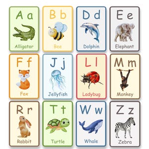 Puede incluir: Un conjunto de doce tarjetas educativas rectangulares dispuestas en cuadrícula, cada una con una letra mayúscula y minúscula, una ilustración de animal correspondiente y el nombre del animal impreso en una fuente sans-serif simple.