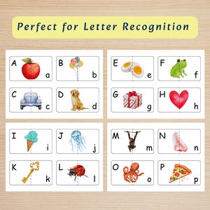 May include: Educational flashcards featuring uppercase and lowercase letters A through P paired with watercolor illustrations including an apple, balloons, car, dog, eggs, frog, gift, heart, ice cream, jellyfish, key, ladybug, monkey, nose, octopus, and pizza.