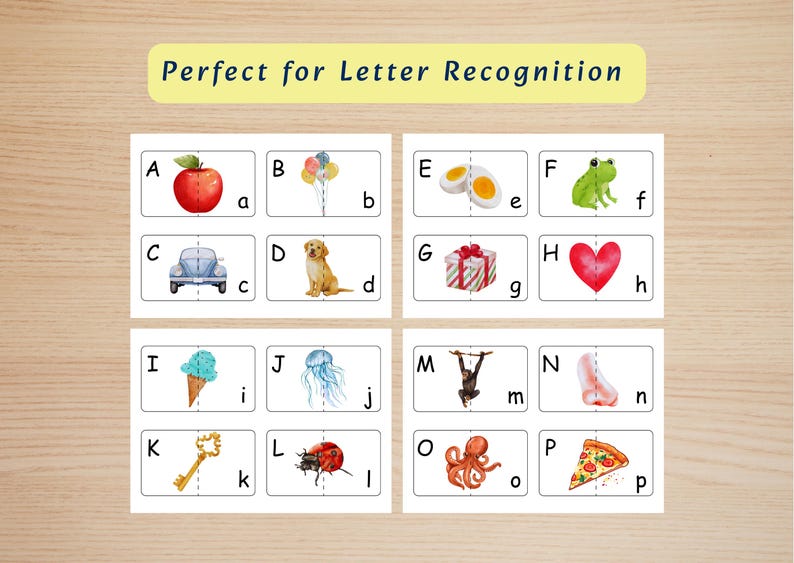 May include: Educational flashcards featuring uppercase and lowercase letters A through P paired with watercolor illustrations including an apple, balloons, car, dog, eggs, frog, gift, heart, ice cream, jellyfish, key, ladybug, monkey, nose, octopus, and pizza.