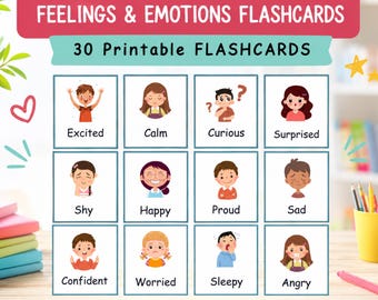 May include: A set of 30 printable feelings and emotions flashcards featuring cartoon illustrations of children expressing various states such as excited, calm, curious, surprised, shy, happy, proud, sad, confident, worried, sleepy, and angry.