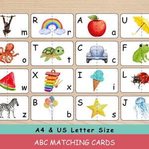 Puede incluir: Tarjetas educativas de emparejamiento del ABC con ilustraciones en acuarela de varios objetos y animales, cada uno emparejado con una letra correspondiente. Incluye una manzana roja, un coche azul, una rana verde y una cebra. Las tarjetas son tamaño A4 y US Letter.