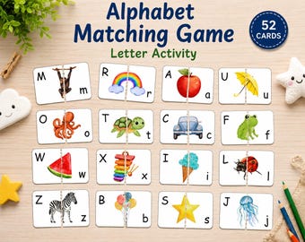 ABC Matching Cards –Uppercase Lowercase Learning Game, Kindergarten Preschool Letter Recognition Activity, Alphabet Matching Cards