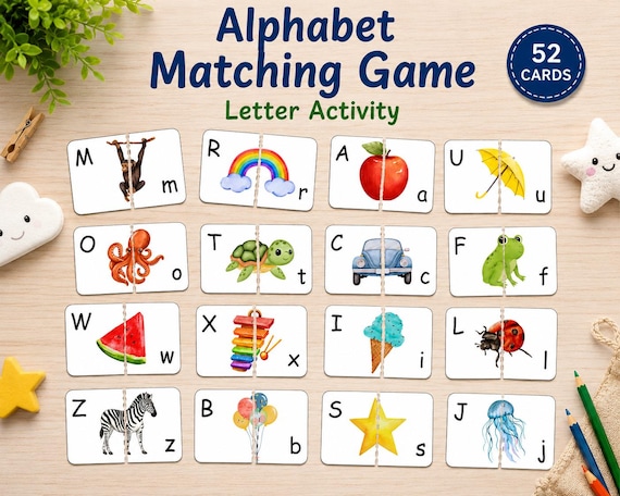 Alphabet Matching Cards – Uppercase Lowercase Learning Game, Kindergarten Preschool Letter Recognition, Printable Activity,