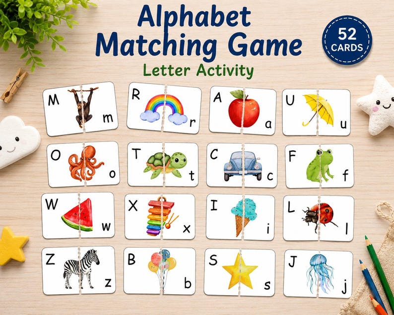 Alphabet Matching Cards – Uppercase Lowercase Learning Game, Kindergarten Preschool Letter Recognition, Printable Activity, image 1