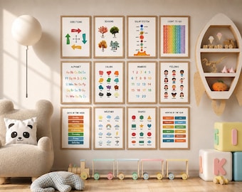 12 Educational Posters Set: Kids Learning Wall Art, Homeschool Decor, Alphabet Poster, Weather Poster, Nursery Wall Art, Toddler Playroom