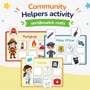 Può includere: Tappetini per attività Community Helpers sort & match con tre tavole rettangolari etichettate Firefighter, Police Officer e Doctor. Ogni tavola include l'illustrazione di un personaggio e quadrati vuoti per abbinare icone come un estintore, un distintivo, uno stetoscopio e un kit medico.