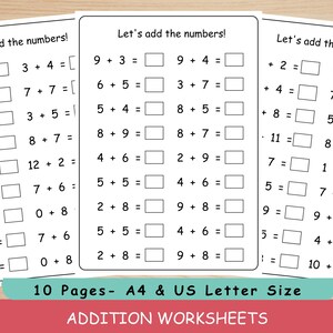 Hojas de trabajo de suma imprimibles / Páginas de actividades matemáticas / Práctica de matemáticas para jardín de infantes y 1.º y 2.º grado