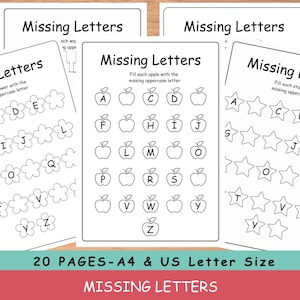 May include: Educational worksheets titled "Missing Letters" with various exercises. One sheet features flowers, another apples, and a third with stars. The text "20 PAGES-A4 & US Letter Size" is displayed at the bottom.