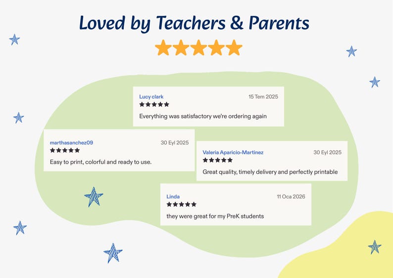 May include: A graphic display titled Loved by Teachers & Parents with five orange stars. It features four customer reviews with five-star ratings from Lucy clark, marthasanchez09, Valeria Aparicio-Martinez, and Linda, set against a light green background.