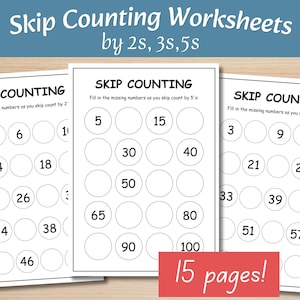 May include: Three white educational worksheets titled Skip Counting with black text and circular spaces for numbers. The pages feature sequences for 2s, 3s, and 5s. A red rectangular overlay in the bottom right corner displays the text 15 pages!