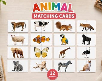 Dieren bijpassende kaarten | Geheugenspel voor kinderen afdrukbaar | Educatieve symmetriepuzzel
