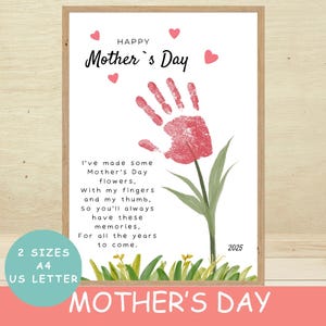 Tarjeta imprimible del Día de la Madre - Acuarela rosa y blanca - Poema floral con huella dactilar - Descarga instantánea - Tamaño carta (EE. UU., A4)