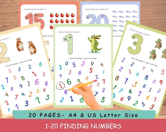 Number Worksheets 1–20 | Find the Number Printable | Preschool Math Activity, Kindergarten Math Pages