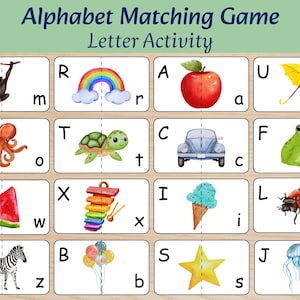 May include: Alphabet matching game with letter activity. Features illustrated cards with images like a monkey, rainbow, apple, and umbrella. Each card has a letter and a corresponding image, designed for educational play.