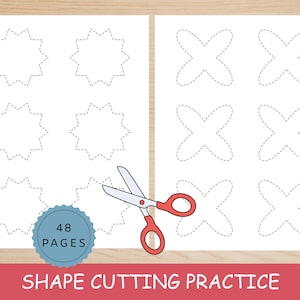 Puede incluir: Hojas de trabajo de práctica de corte de formas con líneas punteadas para practicar el corte. Las hojas de trabajo presentan formas de estrella y X. Se incluye un par de tijeras con mangos rojos. El texto "48 PAGES" está en un círculo azul. El texto "SHAPE CUTTING PRACTICE" está en la parte inferior.