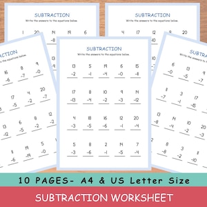 May include: A stack of subtraction worksheets with math problems. Each page has a light blue border and the title "SUBTRACTION". The worksheets are A4 and US Letter size.