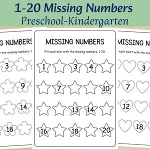 May include: Educational worksheet for preschool and kindergarten with the title "1-20 Missing Numbers". The worksheet features three pages with missing number exercises using flowers, stars, and hearts.