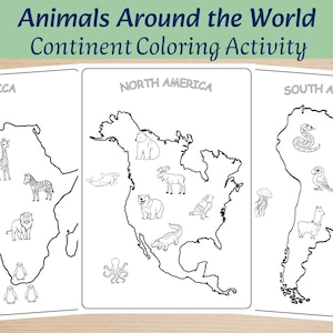 Può includere: Fogli di attività da colorare in bianco e nero con contorni di continenti e animali. I fogli includono Africa, Nord America e Sud America, con illustrazioni di animali come elefanti, giraffe e orsi. Il testo recita "Animali in giro per il mondo Attività di colorazione dei continenti."