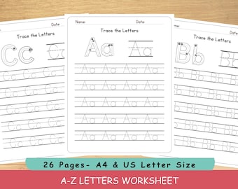 Alphabet Tracing Worksheet, ABC  Practice Printable, Trace Letters A to Z, Preschool Phonics Workbook, Kindergarten Handwriting Practice