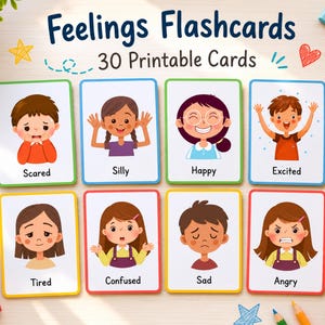 May include: A set of Feelings Flashcards featuring 30 printable cards with colorful illustrations of children expressing various emotions. Each card displays a character and the corresponding text label such as Scared, Silly, Happy, Excited, Tired, Confused, Sad, and Angry.
