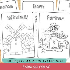 30 Páginas para colorir de fazenda – para imprimir para crianças – Folha de exercícios de aprendizagem para download instantâneo – Preto e branco para crianças em idade pré-escolar – Carta dos EUA – Tamanho A4