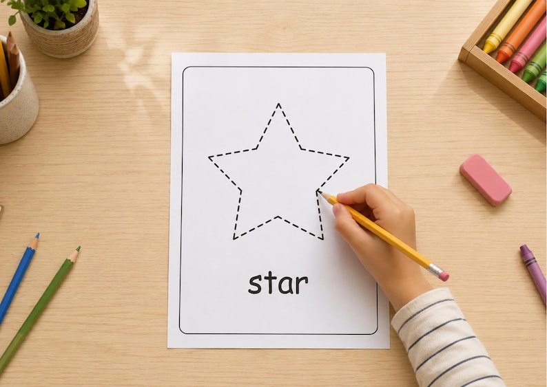 May include: A white rectangular worksheet featuring a black dashed outline of a five-pointed star and the word star printed in black lowercase letters below the shape. A yellow pencil is positioned on the paper to trace the star outline.