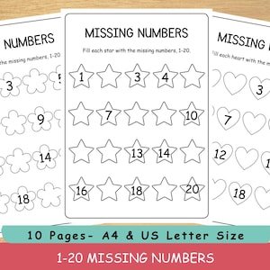 May include: Three worksheets with the text "MISSING NUMBERS" and instructions to fill in missing numbers from 1-20. The worksheets feature flower, star, and heart shapes. The bottom banner reads "10 Pages - A4 & US Letter Size".