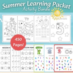 May include: A Summer Learning Packet Activity Bundle with 450 pages of educational worksheets. The pages feature black and white line drawings of a seahorse, turtle, numbers, and stars, alongside colorful letter and number identification exercises.