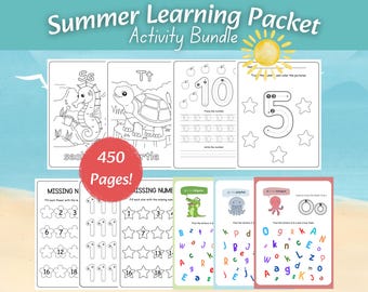 Summer Learning Packet for Preschool & Kindergarten Kids | 450 Printable Activity Bundle, ABC Worksheets, Phonics, Number Practice