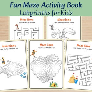 May include: A collection of five activity sheets titled Fun Maze Activity Book Labyrinths for Kids. Each page features a Maze Game with unique illustrations, including a dog, rabbit, fisher, scout, and boy, with paths to solve and reach goals.
