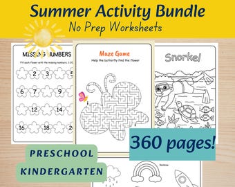 Summer Activity Bundle for Preschool & Kindergarten | No Prep Worksheets | ABC, Numbers, Fine Motor Skills, Cutting, Coloring Pages