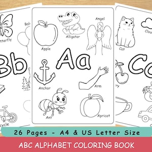 26 páginas para colorear del alfabeto / Hojas para colorear de letras y objetos / Imprimibles para preescolar y jardín de infantes / Descarga instantánea / Tamaño A4, letra de EE. UU.