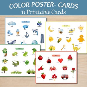 May include: A set of 11 printable color poster cards featuring watercolor illustrations of objects categorized by color. The cards display blue, yellow, green, and red themes with labeled items like a blue fish, yellow sun, green frog, and red apple.