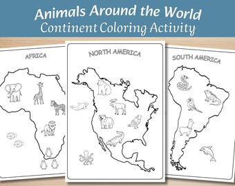 Tiere Malseiten für Kinder, Tiere auf der ganzen Welt, Kontinente Arbeitsblatt, Vorschul Geographie druckbar, Kindergarten Aktivität Paket