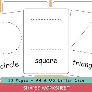Op de afbeelding: Witte flashcards met stippellijnen van een cirkel, vierkant en driehoek, elk gelabeld met de naam van de vorm. De tekst "13 Pages - A4 & US Letter Size" en "SHAPES WORKSHEET" zijn ook zichtbaar.