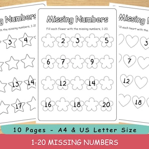 Números faltantes del 1 al 20: 10 páginas para preescolar / Fichas de matemáticas divertidas para niños pequeños / A4, tamaño carta de EE. UU. / Práctica de jardín de infantes / Actividad matemática