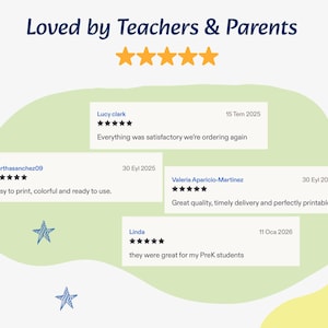 May include: A graphic display titled Loved by Teachers & Parents with five orange stars. It features four customer reviews with five-star ratings from Lucy clark, marthasanchez09, Valeria Aparicio-Martinez, and Linda, set against a light green background.